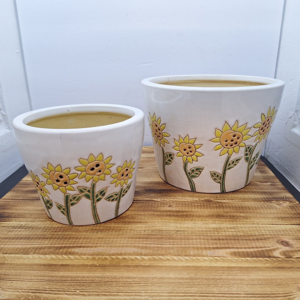 Sunflower Carved Pot Planter Artisan Pottery Art Whimsical set X2 LG 8"‎ Med 6"